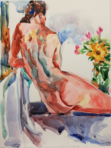 Painting titled "Nude with Sunflower" by Jelena Djokic, Original Artwork, Watercolor