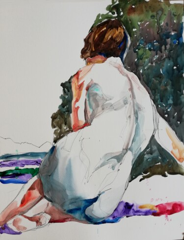 Painting titled "Nude by the Lake" by Jelena Djokic, Original Artwork, Watercolor