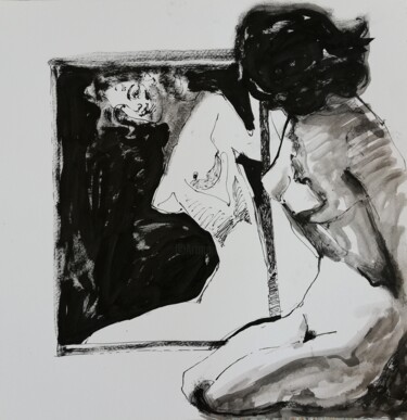 Rysunek zatytułowany „Nude at Mirror” autorstwa Jelena Djokic, Oryginalna praca, Atrament