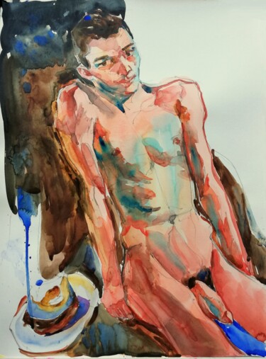 Painting titled "Male Nude  IV" by Jelena Djokic, Original Artwork, Watercolor
