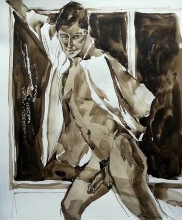 Malerei mit dem Titel "Male Nude in Rustic…" von Jelena Djokic, Original-Kunstwerk, Aquarell