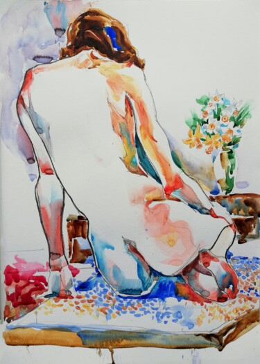 Malerei mit dem Titel "Nude with Narcisses" von Jelena Djokic, Original-Kunstwerk, Aquarell