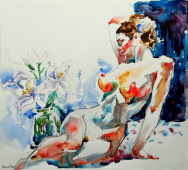 Peinture intitulée "Nude with Lilies" par Jelena Djokic, Œuvre d'art originale, Aquarelle