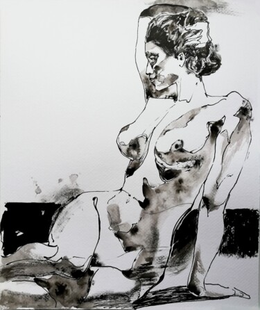 Drawing titled "Nude by the Sea" by Jelena Djokic, Original Artwork, Ink