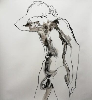 Drawing titled "Male Nude XVI" by Jelena Djokic, Original Artwork, Ink