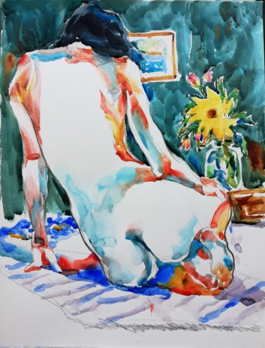 Pintura titulada "Nude in Emerald Int…" por Jelena Djokic, Obra de arte original, Acuarela
