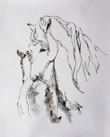 Dessin intitulée "With Foal" par Jelena Djokic, Œuvre d'art originale, Encre