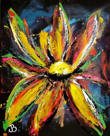 Painting titled "Yellow Flower on Bl…" by Jen Baum, Original Artwork, Acrylic