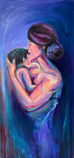 Schilderij getiteld "Mom and Baby in Bol…" door Jen Baum, Origineel Kunstwerk, Acryl