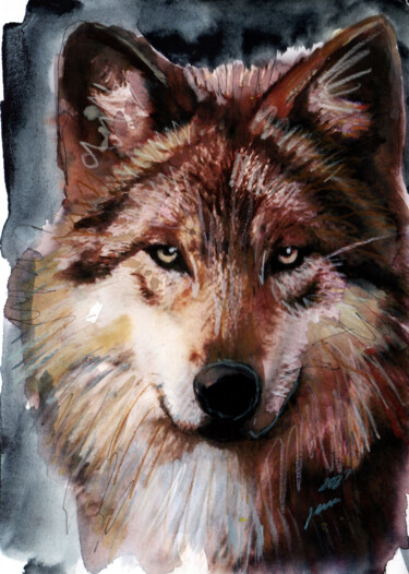 Картина под названием "wolf12" - Jena Polak, Подлинное произведение искусства, Акварель