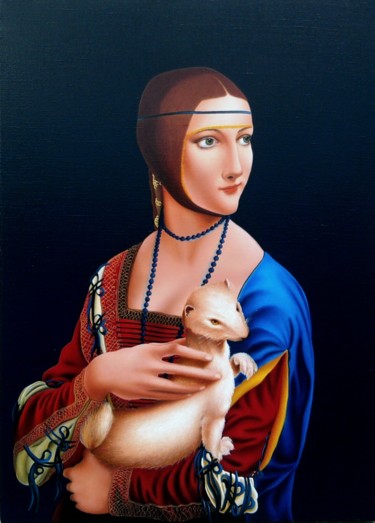 Painting titled "dama con lermellino" by Evgeniy Borisov, Original Artwork, Oil Mounted on Wood Stretcher frame