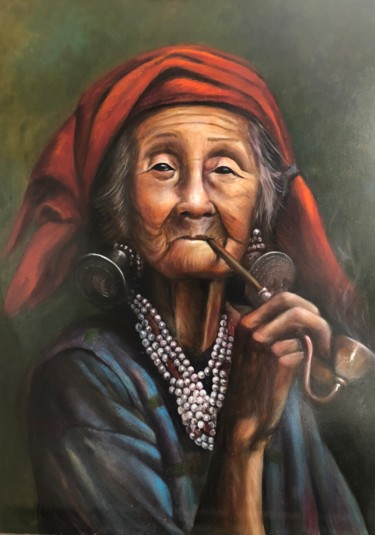 Painting titled "Woman with pipe" by Jennie Smallenbroek, Original Artwork, Oil