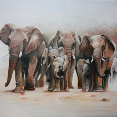 Картина под названием "Herd of elephants" - Jennie Smallenbroek, Подлинное произведение искусства, Масло