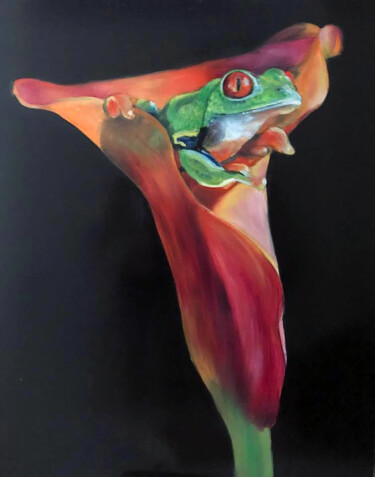 Pittura intitolato "Frog in flower" da Jennie Smallenbroek, Opera d'arte originale, Olio