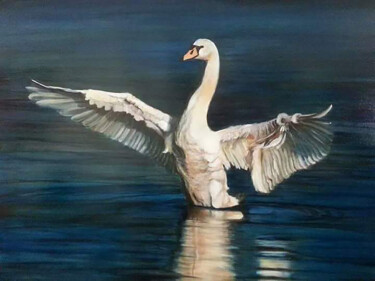 Painting titled "Swan" by Jennie Smallenbroek, Original Artwork, Oil Mounted on Wood Panel