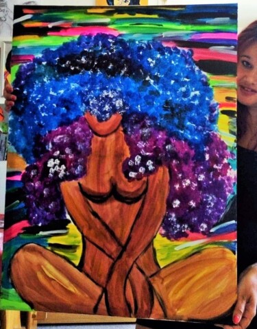 Painting titled "femme afro" by Jennifer Bazile, Original Artwork, Acrylic