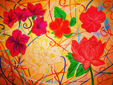 Painting titled "Composition florale…" by Jennifer Jane, Original Artwork, Acrylic