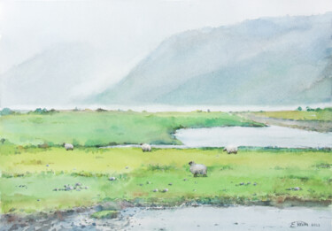 Painting titled "Sheep Grazing in th…" by Jenny Klein, Original Artwork, Watercolor