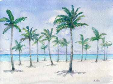 Painting titled "Tropical Beach with…" by Jenny Klein, Original Artwork, Watercolor