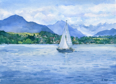 Painting titled "Lake Lucerne" by Jenny Klein, Original Artwork, Watercolor
