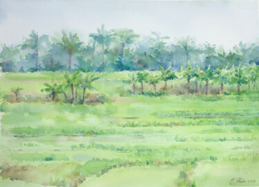 Peinture intitulée "Rice Fields Walk" par Jenny Klein, Œuvre d'art originale, Aquarelle