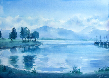 Malerei mit dem Titel "Morning at the Lake…" von Jenny Klein, Original-Kunstwerk, Aquarell