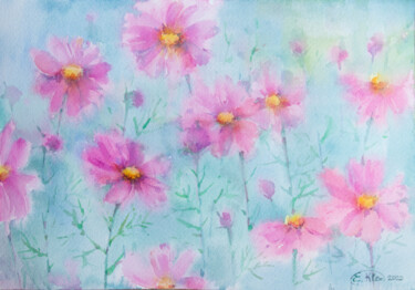 Painting titled "Pink Cosmea" by Jenny Klein, Original Artwork, Watercolor