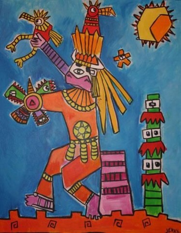 Peinture intitulée "Vache Aztec" par Jenny, Œuvre d'art originale