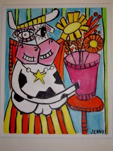 Peinture intitulée "Vache cubiste et fl…" par Jenny, Œuvre d'art originale