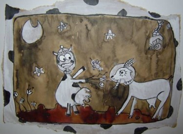 Dessin intitulée "Vache et chévre" par Jenny, Œuvre d'art originale