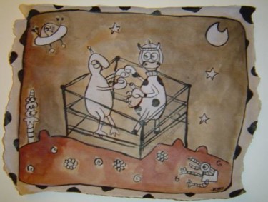 Dessin intitulée "Vache boxeuse" par Jenny, Œuvre d'art originale