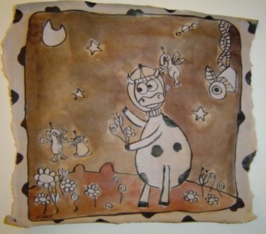 Dessin intitulée "Vache dans le jardi…" par Jenny, Œuvre d'art originale