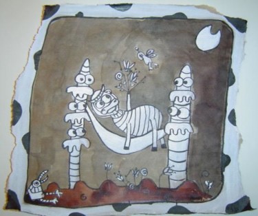 Dessin intitulée "Vache dans son hamac" par Jenny, Œuvre d'art originale