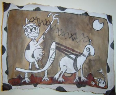 Dessin intitulée "Vache sur char roma…" par Jenny, Œuvre d'art originale