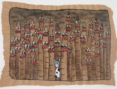 Dessin intitulée "Petite vache perdue…" par Jenny, Œuvre d'art originale, Encre
