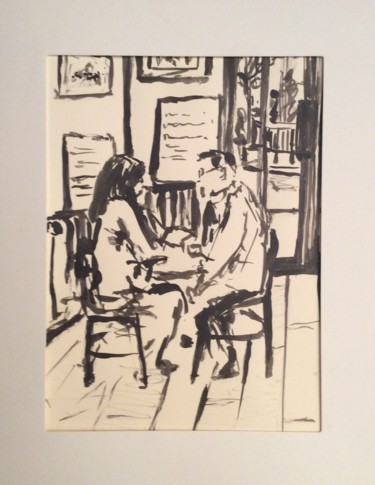 Drawing titled "Au café" by Jenny Darrot, Original Artwork, Ink