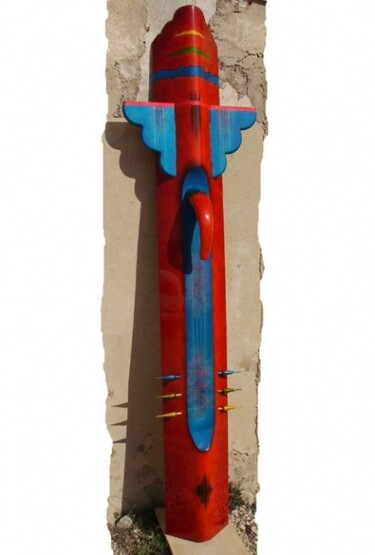 Sculpture titled "totem, "le Sachem"" by Jens, Original Artwork, Lacquer Mounted on Wood Stretcher frame