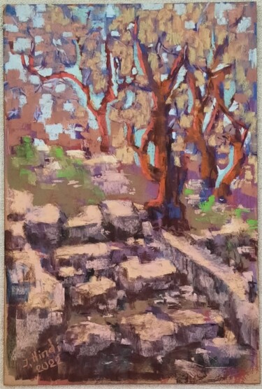 Painting titled "Old olive garden" by Jenya Art, Original Artwork, Pastel
