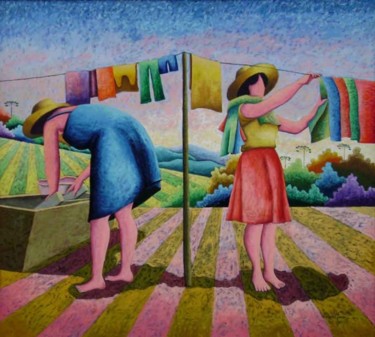 Painting titled "As lavadeiras" by Jerci Maccari, Original Artwork, Oil