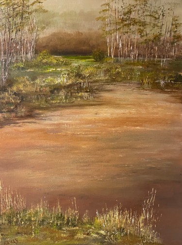 Schilderij getiteld "Orange Waters" door Joan Reilly, Origineel Kunstwerk, Acryl Gemonteerd op Frame voor houten brancard