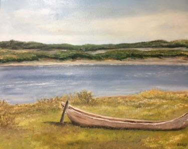 Pintura titulada "Canoe on grass" por Joan Reilly, Obra de arte original, Oleo Montado en Bastidor de camilla de madera