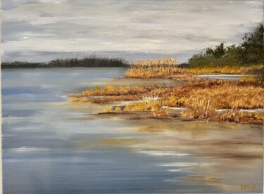 Painting titled "Worden Pond" by Joan Reilly, Original Artwork, Oil Mounted on Wood Stretcher frame