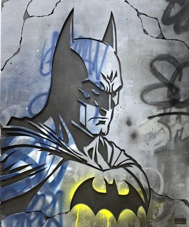 Painting titled "The Batman" by Jérémy Ferreira, Original Artwork, Spray paint Mounted on Wood Panel