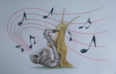 Dessin intitulée "Escargot saxophone" par Jérémy Piquet, Œuvre d'art originale, Crayon Monté sur Carton