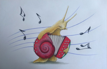 Disegno intitolato "Escargot accordéon" da Jérémy Piquet, Opera d'arte originale, Matita Montato su Cartone