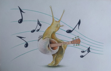 Drawing titled "Escargot guitare" by Jérémy Piquet, Original Artwork, Pencil Mounted on Cardboard