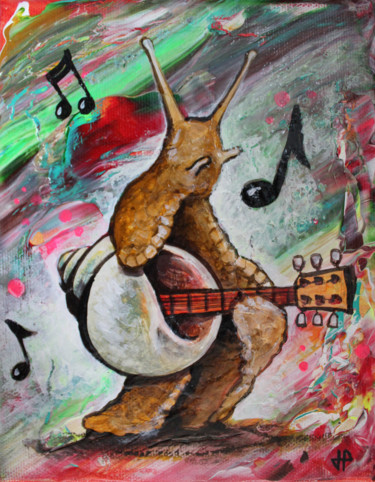 Escargot Guitare Fond abstrait "Mini toile" Peinture intitulée "Escargot Guitare Fo…" par Jérémy Piquet, Œuvre d'art originale, Acrylique Monté sur Châssis en bois