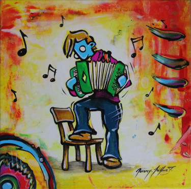 Schilderij getiteld "L'accordéoniste - 3…" door Jérémy Piquet, Origineel Kunstwerk, Acryl Gemonteerd op Frame voor houten br…