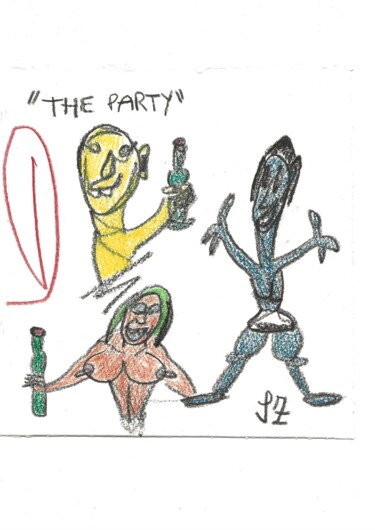 Tekening getiteld "the party / la festa" door Jeremy Zixxon, Origineel Kunstwerk, Pastel Gemonteerd op Frame voor houten bra…