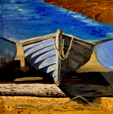 Painting titled "Le canot bleu sur l…" by Jérôme Dufay, Original Artwork, Oil Mounted on Wood Stretcher frame